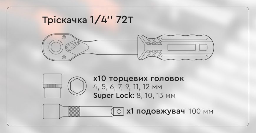 Dugókulcs készlet racsnis hajtókarral Dnipro-M Ultra (12 db) 1/4" 80001000 fotó